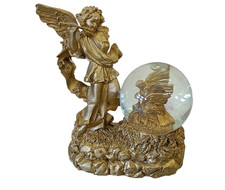 Vintage Dekorative Engel Figur & Glaskugel mit Flöte und Vögel goldfarben