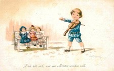 Puppe Doll Poupee Kinderspielzeug Kind Geige Künstlerkarte R. Frank 