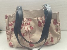 Retro Vintage Tasche Damen Handtasche beige m. roten Blumenranken Stoff
