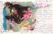 AK Neujahr Glückwunsch, Glocke Engel, Künstler, Kleinformat