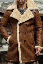 Herren B3 Braun RAF Flieger Bomber Lammfell Fell Lammfell Leder Langer Mantel -