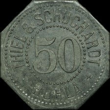 NOTGELD: 50 Pfennig, Zn. METALLWARENFABRIK THIEL & SCHUCHARDT RUHLA / THÜRINGEN.