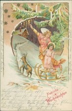 Ansichtskarte Weihnachten Prägekarte 1909 Engel Schlitten Hirsch Kreuz  (9862)