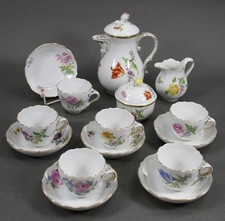 Meissen 15-tlg. Mokkaservice 1. Wahl Blume 2 schräg, bunt, Goldrand