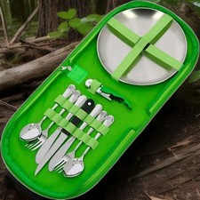 Camping Geschirr Set Edelstahl 2 Personen Tasche  Kellnermesser Picknick Angeln