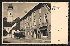 Nittenau, Gasthof Jakob und Kirchturm, Ansichtskarte 1936 