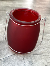 Windlicht, ca. 12 cm hoch, DM ca. 7 cm mit Henkel, Glas, rot, gebraucht