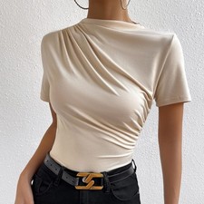 Damen Slim Fit Plissee Kurzarm