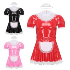 DE Herren Maid Putzfrau Kostüm Glänzend Crossdresser Kleid Puffärmel Unterwäsche