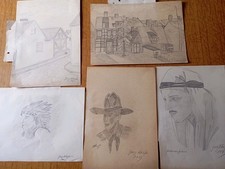 5x Bleistiftzeichnung Signiert