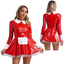 DE Damen Wetlook Dienstmädchen Cosplay Kostüm Lackleder kleid Clubwear Party