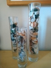 Glasvasen mit Natursteinen/Muscheln, ECHT NATUR,3 Stück H30 H25 H20 D5-6cm,NEUW.