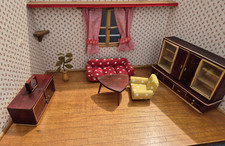 Crailsheimer Wohnzimmer Puppenmöbel Sofa, Sessel, Tisch, Buffet 50er Jahre Holz