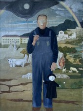 Ölbild Gisela Schellenberger Stuttgart Porträt Mann vor surrealer Landschaft