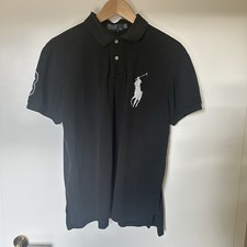 Polo Ralph Lauren Poloshirt Schwarz Pony Weis 100% Baumwolle Herren L Custom Fit