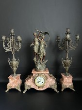 Antik Kaminuhr Bronze Marmor französisch mit Beistellleuchtern um 1890 Pendule