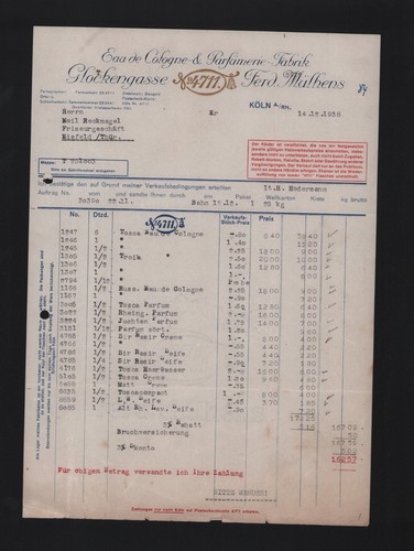 Köln rechnung 1938 ferd - kÖln,, 1938,