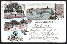 Lithographie Düsseldorf, Fahrradfahrer, Bahnhof, Neue Rheinbrücke 1899 