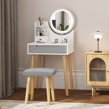 Puluomis Schminktisch mit LED-Beleuchtung Spiegel PU Hocker 1 Schubladen Weiß
