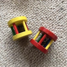 2x Walter Holzspielzeug Baby Rassel 60er 70er Jahre Klapper Glöckchen Glocke