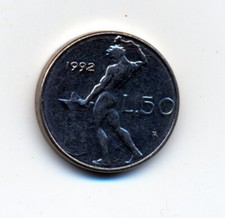 50 Italienische LIRE 1992 - Wendemotiv Münze d.h. "Motiv steht auf dem Kopf"