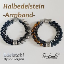 Armband  Tigerauge Lavastein, Obsidian Map-Stone, Edelstahl Perlen Herrenarmband