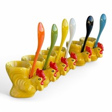 4+2 Set Goebel Keramik Eierbecher Huhn Ostern Vintage 70/80er bunte Eierlöffel