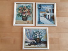 3 handgemalte Bilder: Blumen im Topf & Mediterrane Gebäude 