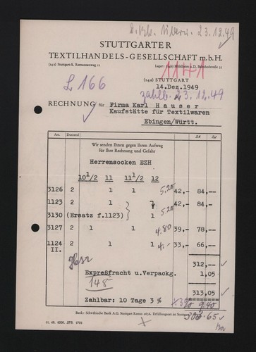 Stuttgart rechnung 1949 - stuttgart,,