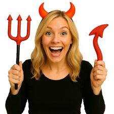 3-tlg. Teufel-Set Halloween für Damen mit Dreizack Teufelsschwanz Teufelshörner