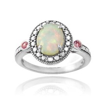 925 Silber Diamant Akzent Erzeugt Weißen Opal & Rosa Saphir Ovaler Ring