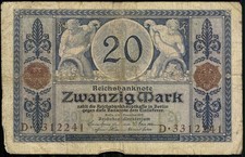 Banknote 1915 Berlin Jugendstil 20 Mark ECHT German Paper Money Art Noueau No261
