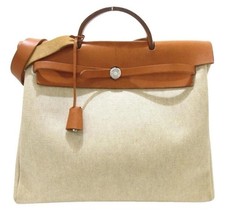 Hermès Herbag 38 Brown Beige Canvas Leder Schultertasche
