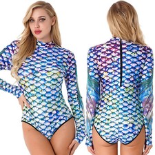 Damen Langarm Body Meerjungfrau Badeanzug Mit Fischschuppen Einteiler Overall
