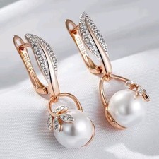 Luxus Ohrringe Ohrhänger 585er Rolled Roségold Walzgold Imitationsperle Pflanze