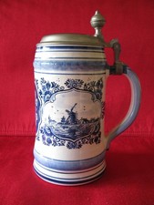 alter Bierkrug mit Deckel / Delft / Holland / Handgemalt