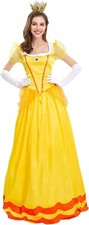 Kostüm Prinzessin Damen XL Gänseblümchen langes Kleid Handschuhe Krone Gelb