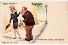 AK PROSIT NEUJAHR HALT GEGEN DAS LICHT HUMOR STARKER MANN FRAUEN AUSKLOPFER 1088