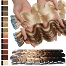 10-60 Tressen Tape In Remy Echthaar Extensions Haarverlängerung Haarteil Gewellt