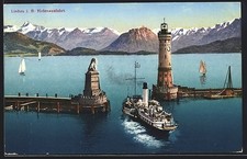 AK Lindau i. B., Hafenausfahrt, Leuchtturm, Bayerischer Löwe, Dampfschiff 1929 