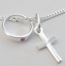 Baby Kinder Taufring Taufset mit rosa Zirkonia Kreuz Anhänger Kette Silber 925