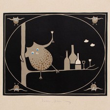 Barbara Oldenburg Siebdruck Farbe Eulen Flaschen Humor signiert 1970er Jahre