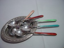 Vintage "MASSIVES SILBER" Süßes Tablett & 5 Guilloche Emaille Löffel - Hervorragende Qualität