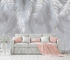Fototapete grau Federn Blätter Palmen Beton Wohnzimmer VLIES TAPETE + KLEISTER