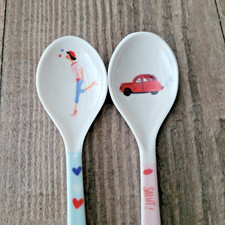 2 x Melamin Löffel kurz Auto Frau Kinder Kunststoff Overbeck Friends Rosa Blau