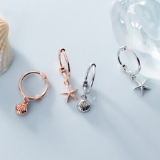 Kleine Creolen m. Anhänger Muschelschale Seestern Silber 925 Damen Ohrringe
