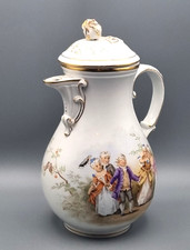 Meissen Porzellan Kaffee Kanne antik 26 cm, Watteau Malerei galante Szenen Vögel