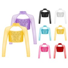 DE Kinder Mädchen Pailletten Shirt Langarm Crop Top Hip-Hop Tanzshirts Oberteil 