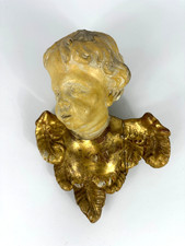 Antike Große Barocke Putte Holz Geschnitzt Engel Kopf Flügel Gefasst Engelskopf