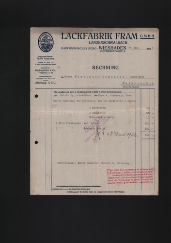 Wiesbaden rechnung 1922 - wiesbaden,,